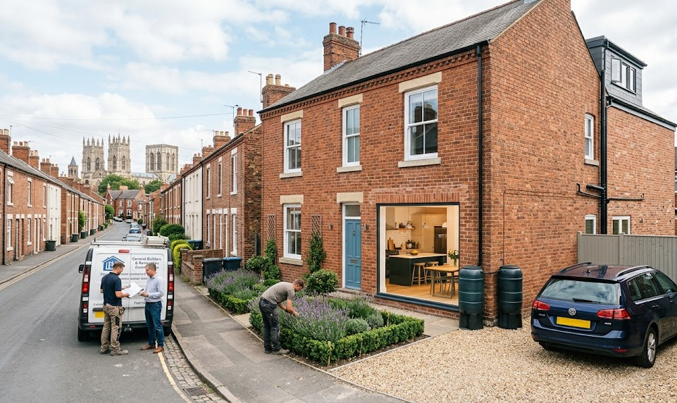 Red brick house on a calm street with people working on garden; cathedral visible in the background
